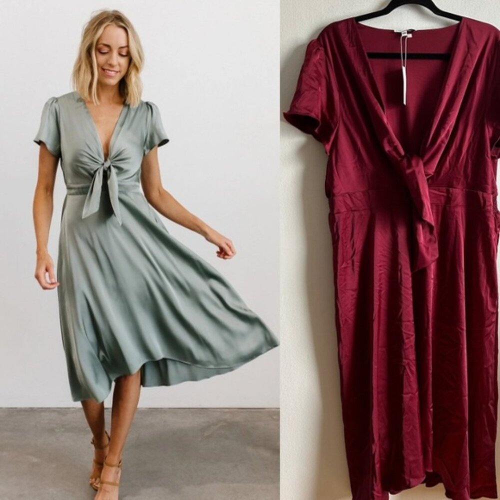 Baltic Born Tie-Front Midi Dress in Sage Green and Burgundy